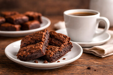 A delicious plate of brownies and a cup of coffee on a wooden table