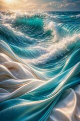 Waves crashing on shore with silky fabric flowing over sand at sunset with bright colors in sky and ocean