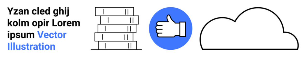 Obraz premium Cloud computing, digital library, online ratings, file management, remote access, cloud storage. Stack of books, thumbs-up icon and cloud symbol. Cloud storage and digital library concept