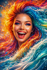 Bright colors swirl around a woman laughing with vibrant hair and waves in a creative setting