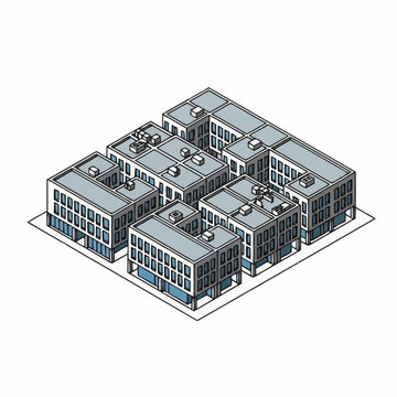 Isometric view of a modern city block with multiple buildings.