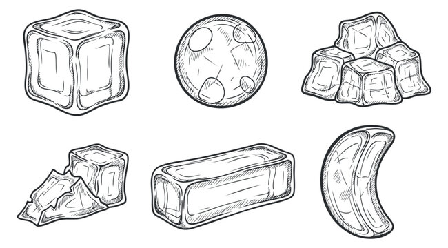 A collection of ice cubes, a candy bar, a round candy, and a banana in hand-drawn sketch style, suitable for food and beverage designs