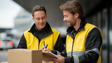Delivery team preparing orders for transport, workers loading and securing items, illustrating logistics planning, safety compliance, and reliable customer supply. cinematic color correction,