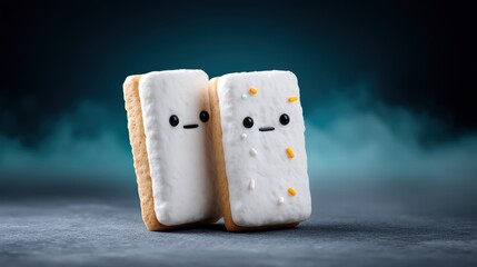 Two cute, cartoonish dessert characters stand together, featuring a creamy exterior and playful expressions against a moody background.