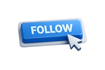 Blue 3d rendered follow button with white cursor clicking icon