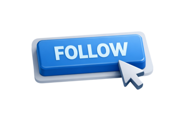 Blue 3d rendered follow button with white cursor clicking icon