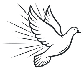 Obraz premium A flying dove with outstretched wings in minimalist black and white outline vector style, ideal for peace and freedom themes