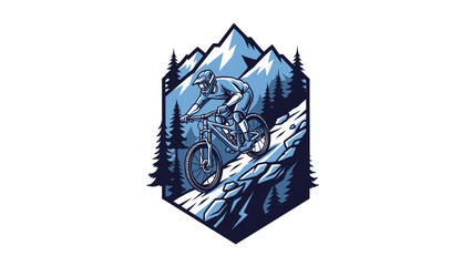 Dynamic illustration of a mountain biker descending a steep, rocky trail through a forest with snow-capped peaks in the background, rendered in a cool blue and white palette. © morph
