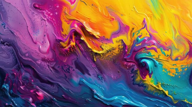Colorful abstract expressionism painting with swirling patterns and vivid hues of purple, pink, yellow, and blue.