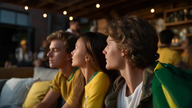 Fan zone scene with friends posing together before the match, team colors and flags visible, capturing excitement, belonging, and the ritual of watching sports together. cinematic color correction,