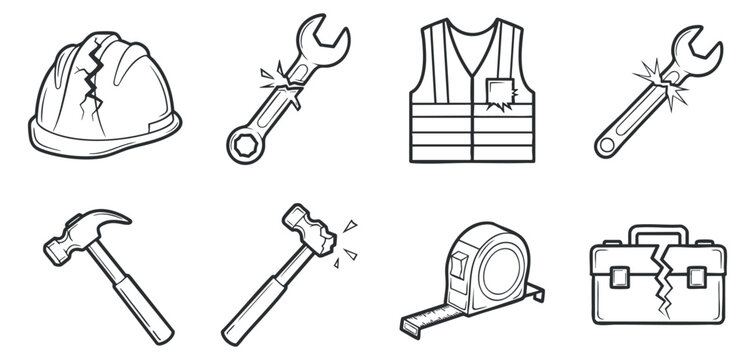 A collection of broken construction tools and equipment icons in outline vector style, suitable for safety and maintenance projects