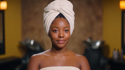 A confident woman with a towel wrapped around her head poses in a salon setting, exuding beauty and self-care vibes.