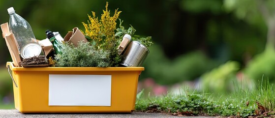 Yellow bin full of recyclable materials like plastic bottles, glass bottles, cans, and cardboard on grass with plants in background