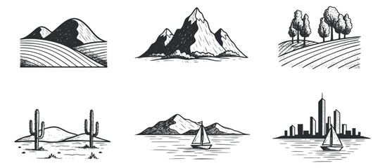 A collection of diverse landscapes including mountains, trees, cacti, and city skyline in minimalist black and white vector style, ideal for nature-themed projects