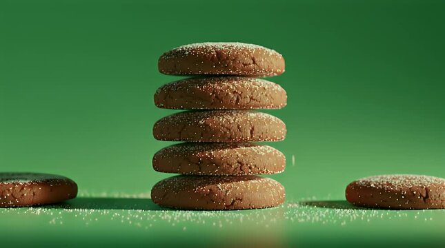 Stack of gingerbread cookies on a green surface captured in hyper-realistic footage from a straight-on viewpoint