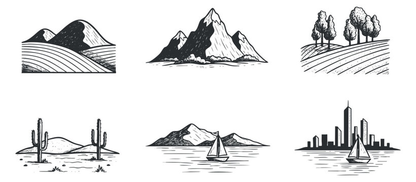 A collection of diverse landscapes including mountains, trees, cacti, and city skyline in minimalist black and white vector style, ideal for nature-themed projects