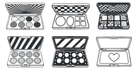 A collection of six makeup palettes in black and white line art vector style, perfect for beauty and cosmetics branding