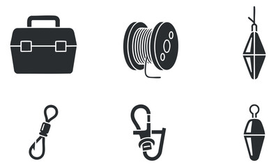Fototapeta premium A collection of fishing and utility equipment icons including a toolbox, fishing reel, and float in black and white minimalist vector style, ideal for outdoor and sports applications