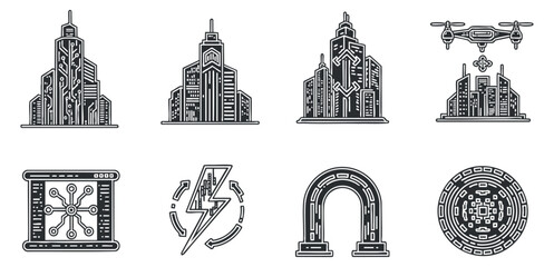 A collection of urban and technology-themed icons, including skyscrapers, a drone, and electrical symbols in modern outline vector style, suitable for tech and city branding