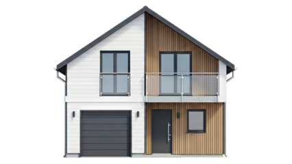 Modern Two-Story House with Wood and White Siding, Garage, and Balcony