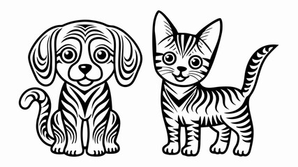 Cute cartoon dog and cat illustrations in black and white
