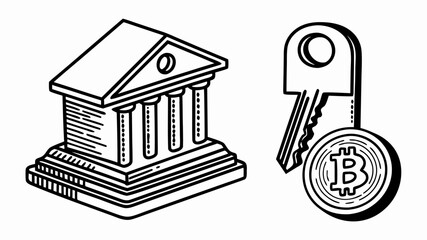 Bank building with bitcoin key for secure cryptocurrency access