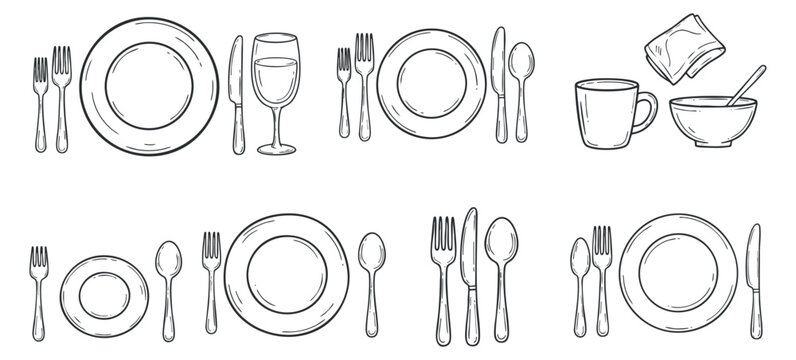 A collection of outlined tableware including plates, glasses, cups, bowls, and cutlery in minimalist vector style, suitable for restaurant menus and culinary design
