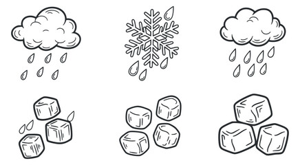 Fototapeta premium A collection of weather elements including clouds with rain, a snowflake, and ice cubes in outline vector style, suitable for educational and graphic design projects