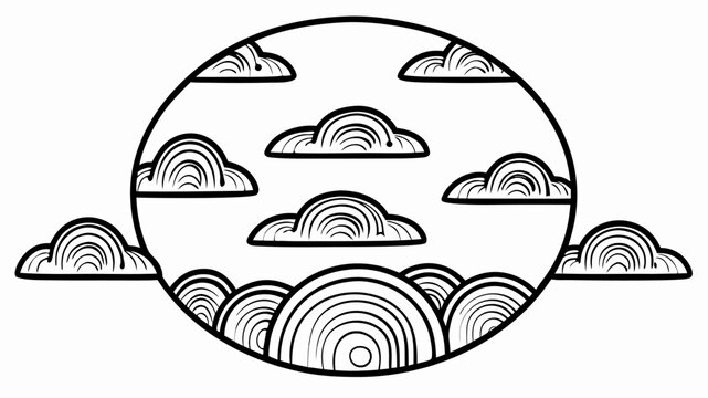 Whimsical clouds in a circular frame with rainbow details