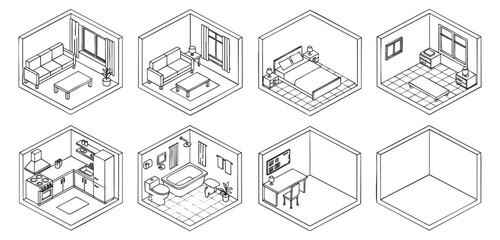 A collection of isometric room illustrations including a living room, bedroom, kitchen, and workspace in minimalist vector outline style, ideal for interior design projects