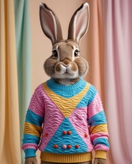 Cute rabbit in colorful sweater standing in front of curtains
