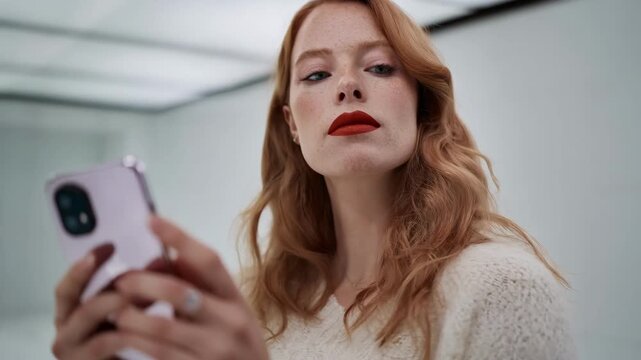 Person examines their reflection with augmented reality filters applying digital lipstick and eyeshadow in a bright minimalist setting.