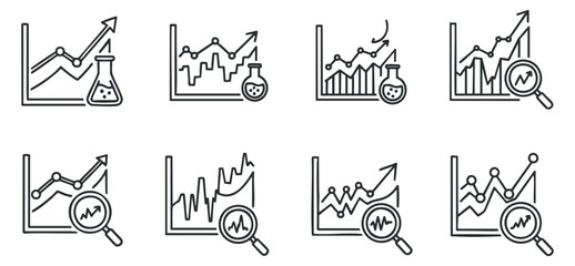 A collection of line graphs and analytics icons including a laboratory flask in minimalist black and white vector style, perfect for data analysis and research presentations
