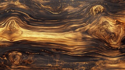 Captivating abstract macro view of rich, dark, swirling burl wood grain texture with golden highlights, showcasing natural organic patterns and detailed wood fibers in a dramatic, artistic c