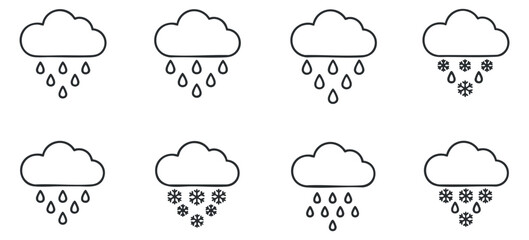 Fototapeta premium A set of weather icons depicting rain and snow in minimalist outline vector style, suitable for weather forecasts and apps
