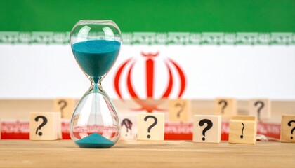 Hourglass in front of Iranian flag with black question marks overlay, symbolizing urgency and uncertainty