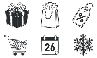 A collection of shopping and holiday icons including a gift box, shopping bag, discount tag, and calendar in black and white minimalist vector style, perfect for retail and marketing designs