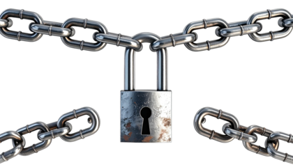 Metal padlock securing chains against a stark black backdrop. Close up shot shows intricate details