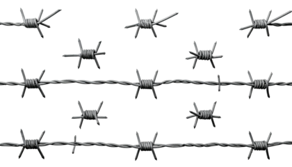 Metal strands of jagged, thorny wires, stretched across a black backdrop, creating a barrier