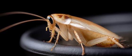 Close-up view of a cockroach on the edge of an electric iron against a dark background captured in macro photography at a household setting