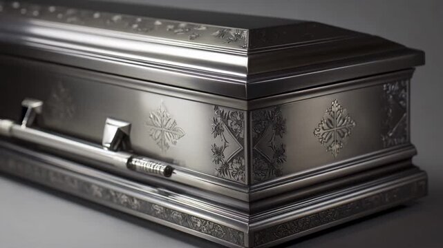 Medium shot showcasing a custom metal casket with a sleek modern finish and engraved personal motifs emphasizing durability and contemporary style.