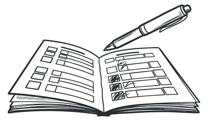 A hand-drawn illustration of an open notebook and a pen with checklists in black and white vector style, suitable for educational and organizational projects