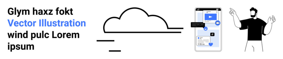 Fototapeta premium Cloud computing, user interaction, digital communication, mobile technology, online services, networking. Minimalistic cloud, smartphone with messaging interface and user gesturing icons. Cloud