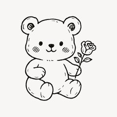 Naklejka premium Cute bear holding rose sketch.