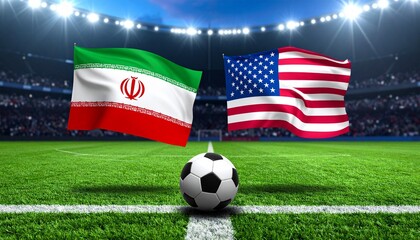 Soccer balls with Iranian and U.S. flags on green field under stadium lights, separated by white line