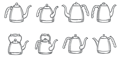 A collection of eight different teapot and kettle designs in black and white outline vector style, ideal for kitchenware branding or illustrations