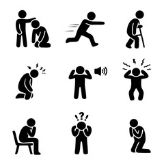 Collection of human pictogram icons showing stress, fear, anxiety, loud noise, headache, bullying and exhaustion. Simple black silhouette figures for mental health themes.