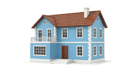 Cartoon blue two-story house with brown roof and white trim