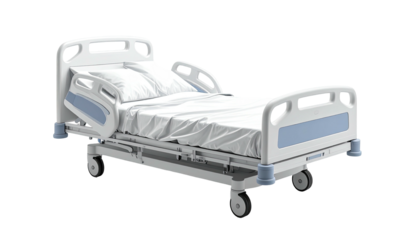 Modern, adjustable hospital bed with white linens and blue accents, isolated on a black background
