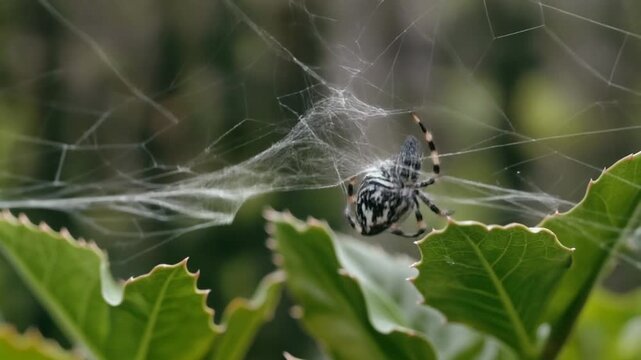 Close-up of a Garden Orb Weaver Spider in its Web, on leaves nature footage